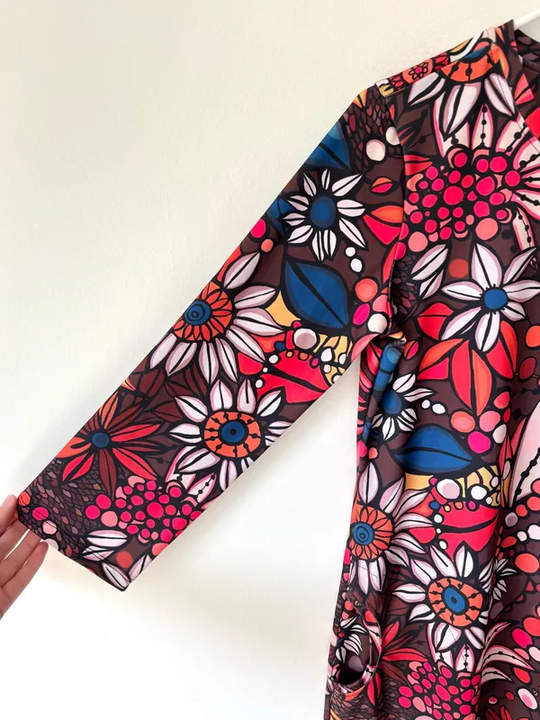 Lesley Evers Arden Shift Mini Dress 3/4 Sleeves Vintage Floral Brown 70s Boho - Image 3