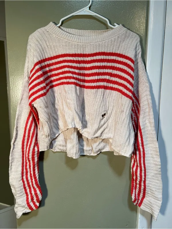 Aerie Women's Size XS Striped Pullover Sweater‎ Cream Red Stripes FLAWED - Image 3
