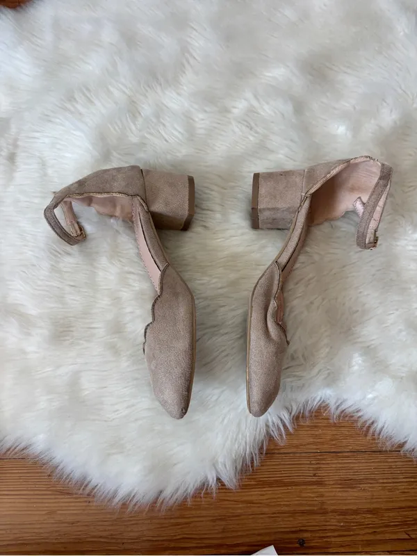 Scalloped Faux Suede Tan Ankle Strap Heels - Image 3