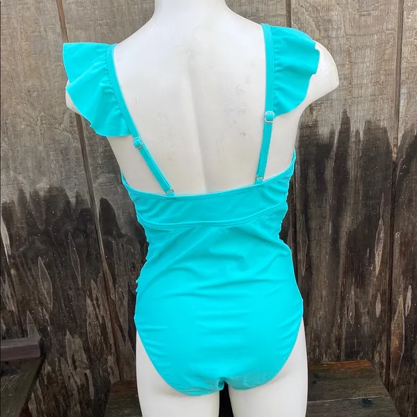 Turquoise Plunge Ruffle Trim Ruched Tummy One Piece Swimsuit Size M - Image 7