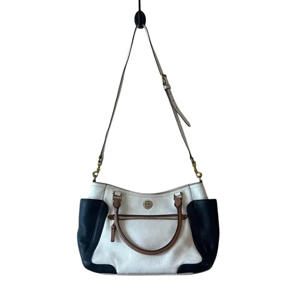 Tory Burch Frances Satchel‎ Colorblock Leather Navy Cream Tan - Image 3