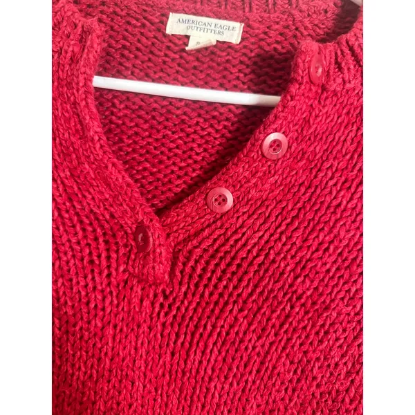 American Eagle Y2K Vintage Red Chunky Shaker Knit Henley‎ Sweater Small - Image 4