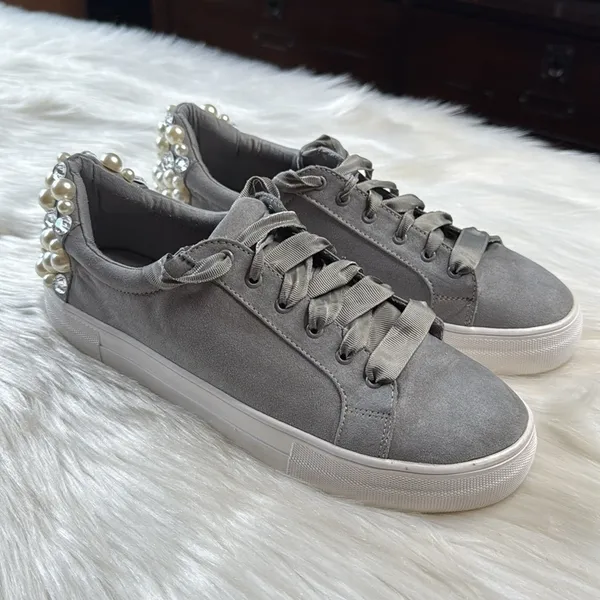 Steve Madden Gray Grit Pearl and Rhinestone Embellished Platform Sneakers - Image 2