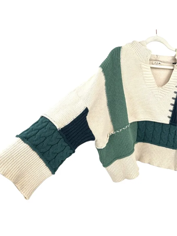 POL Colorblock Knit Hoodie Sweater Patchwork Beige Green Navy Size Small - Image 3