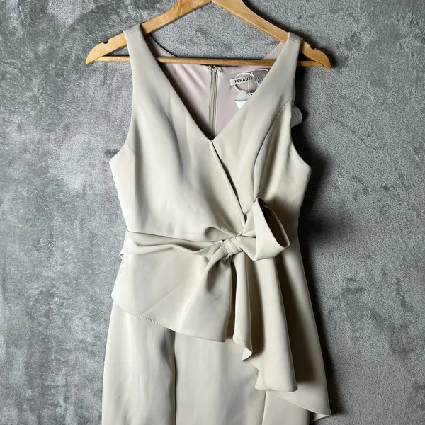 Fehaute‎ Sophisticated Beige Midi Dress Sleeveless Wrap Front Draped Bow MED New - Image 4