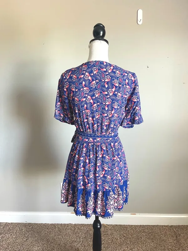 DEBBIE DABBIE | Blue & Pink Floral Print Wrap Mini Dress Sz 8 - Image 6