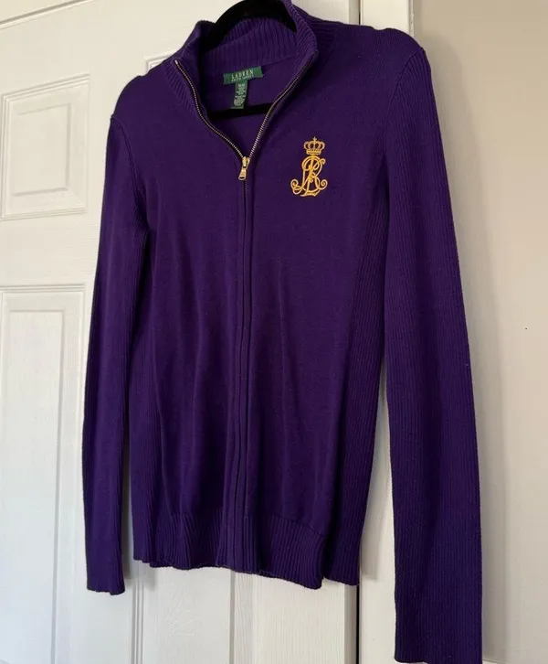 Ralph Lauren Vintage Womens Full Zip Sweater Logo Patch Purple Preppy - Image 4