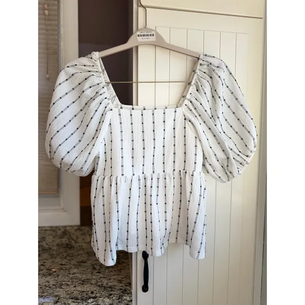 Madewell Puff Sleeve Empire Top MD049 Black White Stripe Square Neck Small S - Image 2