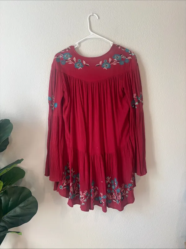 Free People Te Amo Embroidered Boho Mini Dress Red Ruby XS - Image 6
