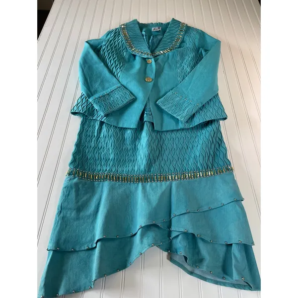 Odeliah Denim Teal Blue Smocked Studded Skirt & Jacket Set Size 16 Vintage Style - Image 2