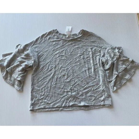 Vere &‎ Love Gray Cropped Long Sleeve Casual T-Shirt with Ruffle Details L - Image 2