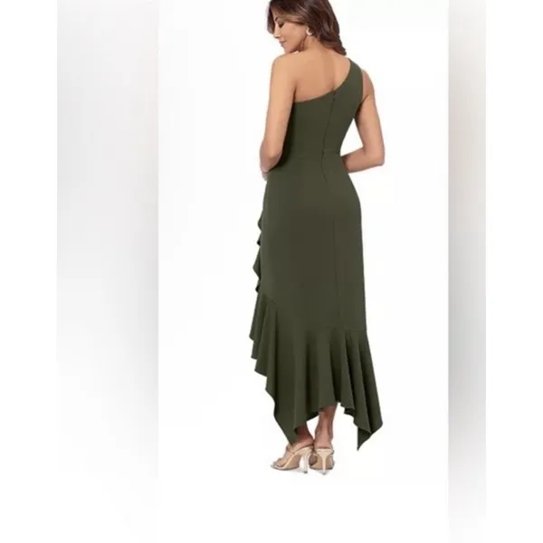 XSCAPE One Shoulder Asymmetric Hem Gown STYLE: 4840X Olive Green Sz 12 NWT $239 - Image 2