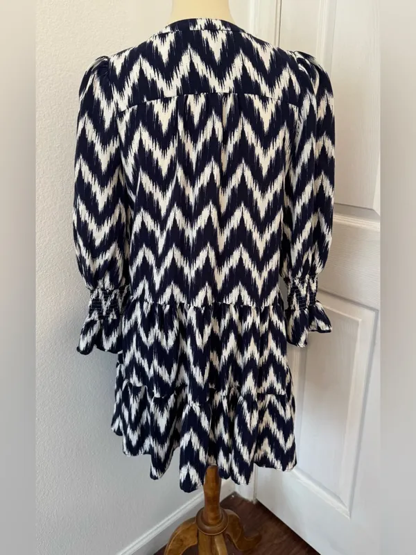 Tuckernuck Pomander Place Navy Ikat Kenzo Dress Empire Waist Swing Tiered XS - Image 3