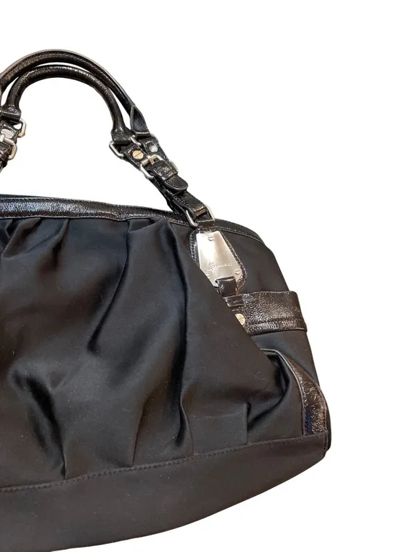 B Makowsky wms Vtg black leather canvas silver hobo shoulder handbag SKU 10537 - Image 7