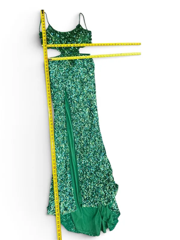 Rachel Allan Stunning Emerald Green Sequin Fringe Cutout formal Gown Size 6 - Image 15