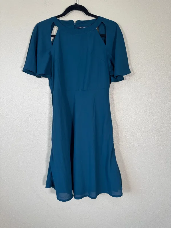 Tokyo Talkies Blue Mini Dress Womens S Anthropologie Cut Outs Retro Fit Flare - Image 10