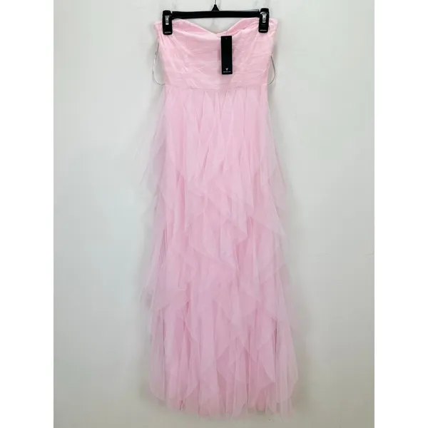 Lulus Delightful Beauty Pink Mesh Strapless Ruched Ruffled Maxi Dress Small NWT - Image 5