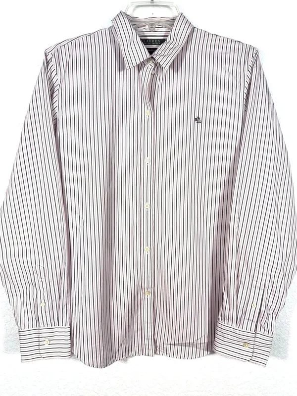 Lauren Ralph Lauren Womens Large Non-Iron Pink Black Striped Button Down Shirt - Image 6