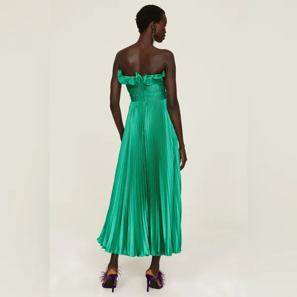 AMUR Giada Dress,‎ Green Satin Pleated, Size 2 - Image 4