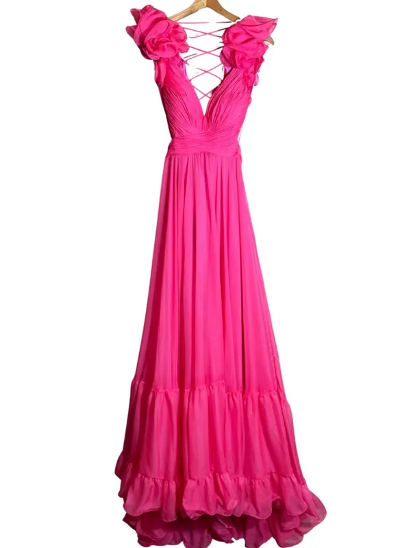 Mac Duggal Ruffle Tiered Cut-Out Chiffon Gown Womens 4 Hot Pink Formal 67911 NWT - Image 7