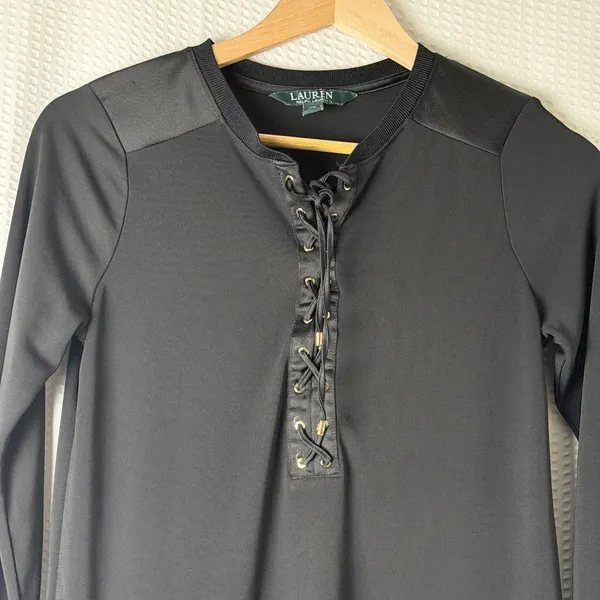 Lauren Ralph Lauren Top Women XS Black Lace Up Satin Trim Long Sleeve Equestrian - Image 3