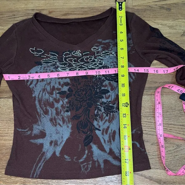 Y2K V-Neck Long Sleeve Top with Black‎ Floral Design size S - Image 9