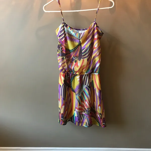 Groovy Multicolored Spaghetti Strap Short Dress with Cinched Waist Sz S - Image 2