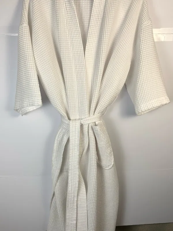 Monarch White Waffle Weave Spa Robe Unisex One Size Belted Hotel Resort Cotton - Image 3