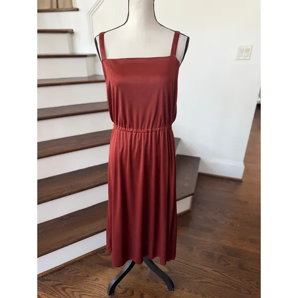 Vintage 70s Rust Orange Red Square Neck Midi Dress & Cardigan Set Boho - Image 2