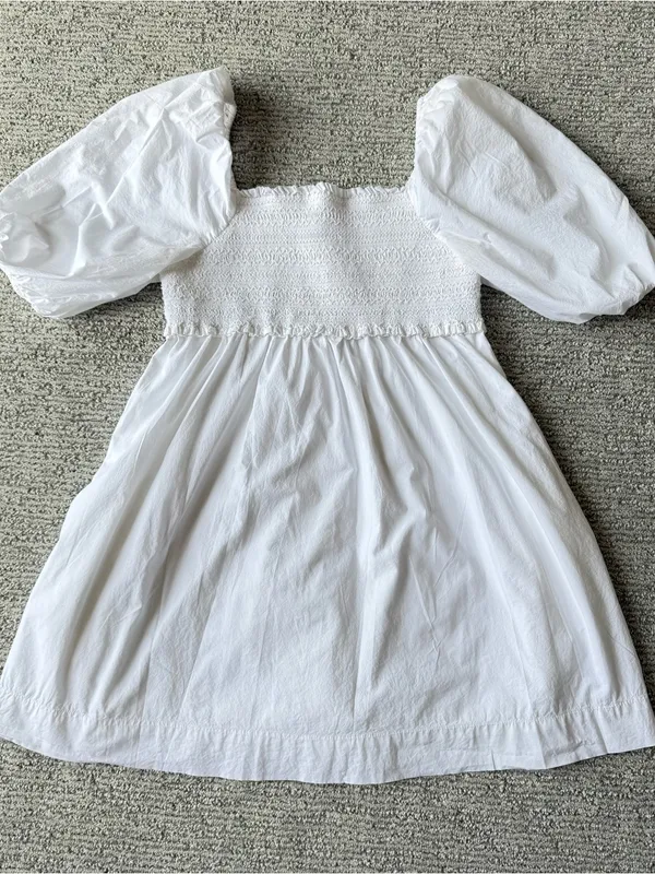 American Eagle Outfitters White Cotton Mini Puff Sleeve Smocked Ruffle Dress‎ S - Image 8