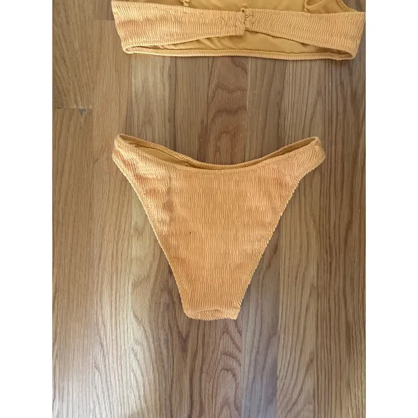 PacSun Swim‎ Eco Mustard Yellow Crinkle Smocked Bikini Set Small Scoop High Cut - Image 4
