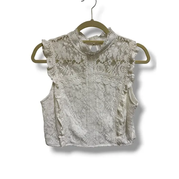 She + Sky Womens Medium White Floral Lace Mock Neck‎ Sleeveless Crop Top NEW - Image 4