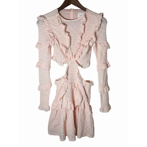 SABO Pink Eyelet Cutout Ruffle Mini Dress Long Sleeve Size 2 - Image 4