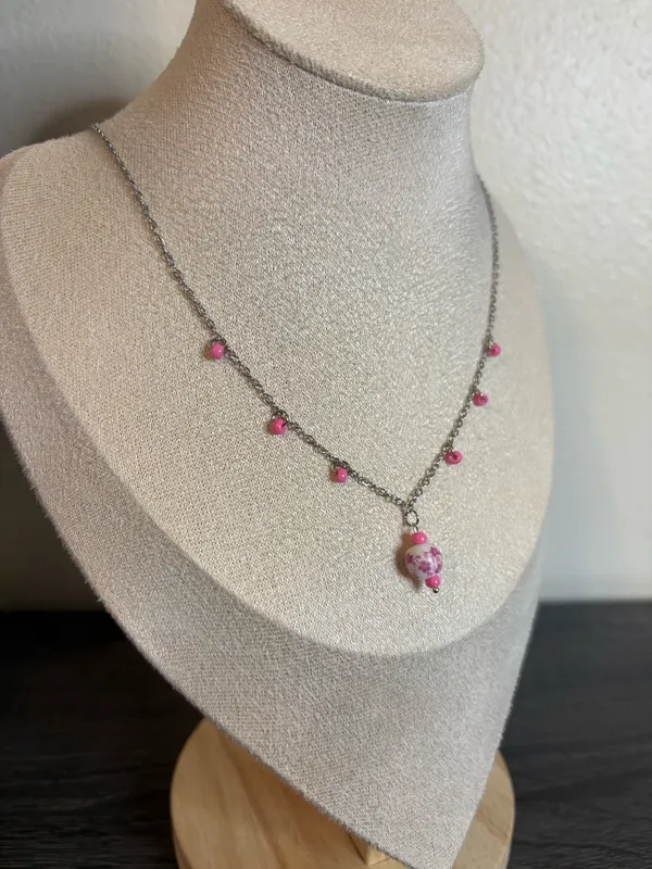 Handmade Pink Floral Porcelain Charm Necklace | Waterproof & Tarnish Resistant - Image 3