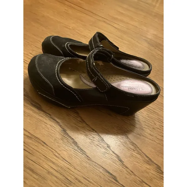 White Mountain Black Leather Mary Jane Wedge Heel Hook & Loop Strap 8.5M - Image 2