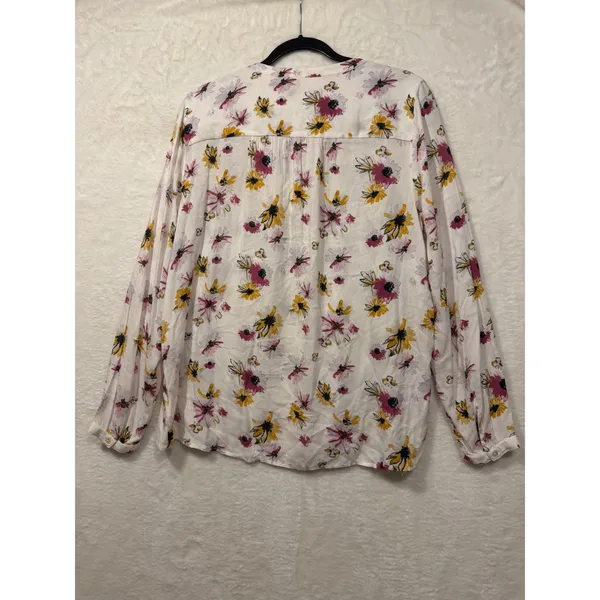 Lucky Brand Floral Peasant Blouse Womens Large White Pink Yellow Smocked 7WP4242 - Image 5