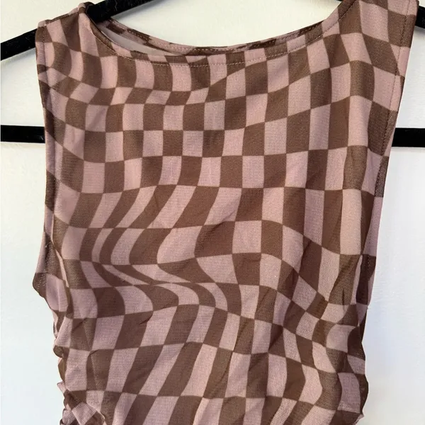 Urban Outfitters Austin Mesh Mini Dress Checkered Patterned Brown‎ Size XS - Image 4