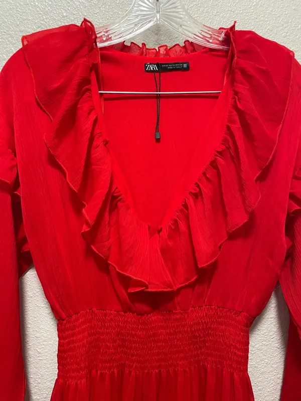 Zara Bright Red Ruffle V-Neck Long Sleeve Dress - Image 5