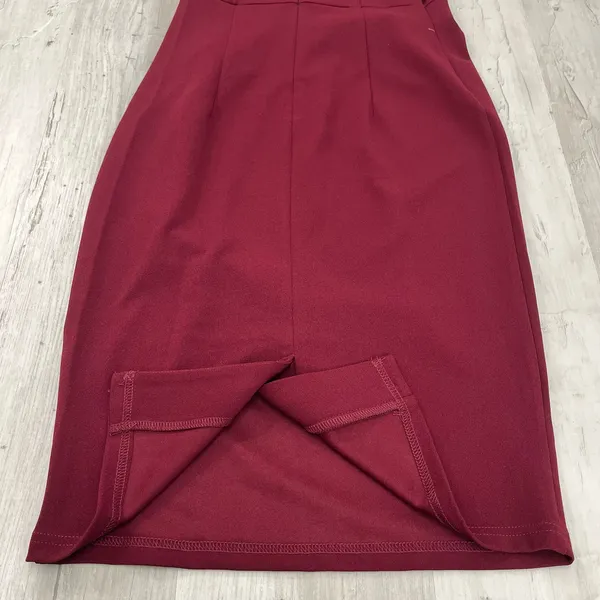 Miusol Burgundy Ruched Zip Back Sleeveless Midi Fitted Dress Small - Image 7