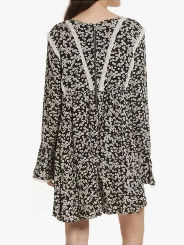 Free People Like You Best Black Floral Bell Sleeve Mini Dress Tunic M - Image 2