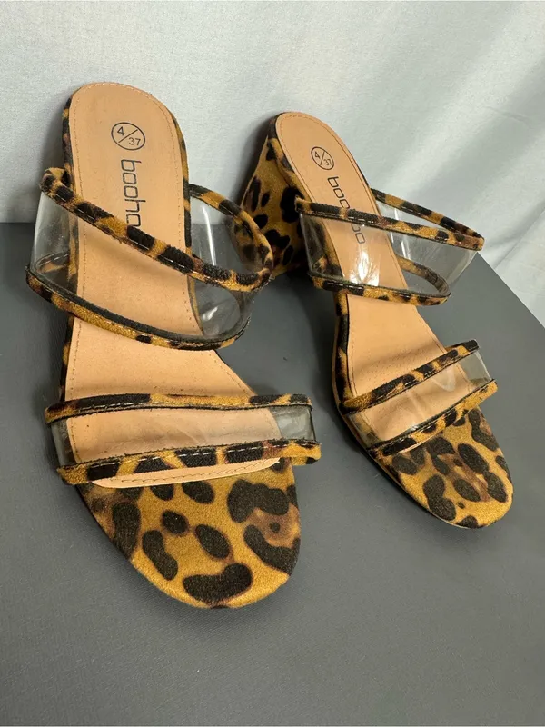 Boohoo Leopard Print Clear-Strap Slide Sandals chunky heel party size 4 - Image 3