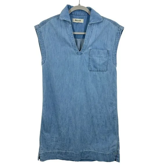 Madewell Chambray Denim Tunic Dress‎ V Neck Sleeveless Shirt Dress Shift Casual - Image 3