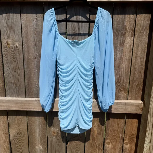 Hello Molly Blue Ruched Bodycon Mini Dress Long Balloon Sleeve Square Neck NWT L - Image 3
