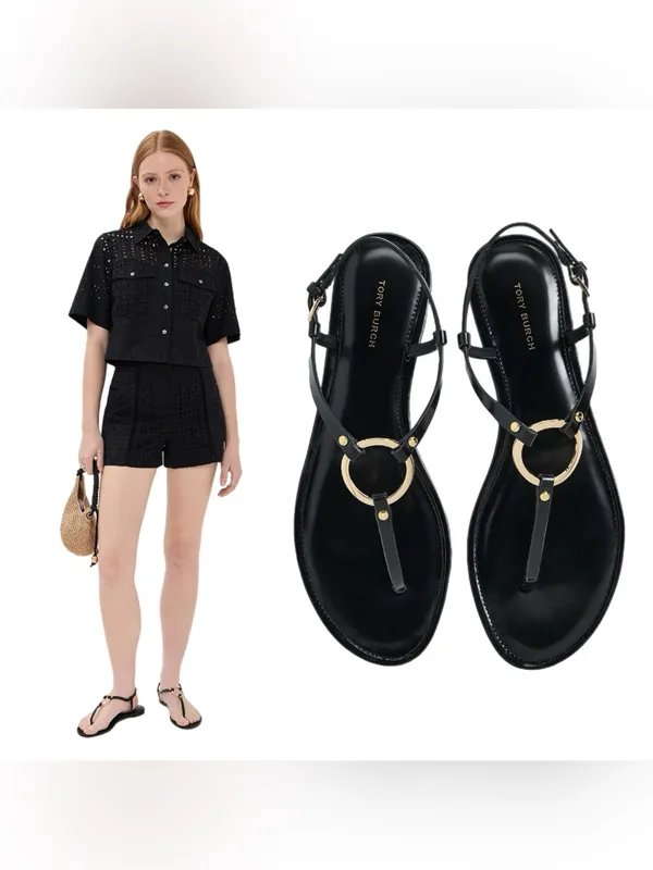 Tory Burch Ring T-Strap Sandal Black/Gold Size 7.5 Like New - Image 2