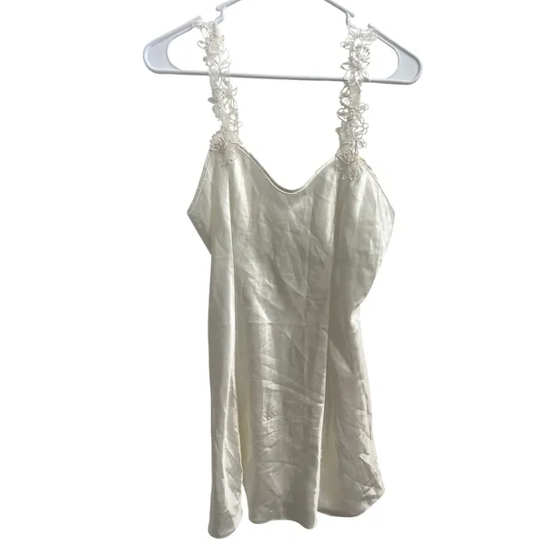 Vintage 90s Ivory Satin Bridal Peignoir Set Robe & Slip Floral Lace Pearl S - Image 5