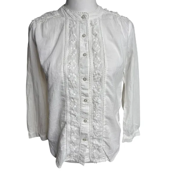 Lucky Brand Embroidered Cotton Blouse White XS Romantic Boho Prairie - Image 2