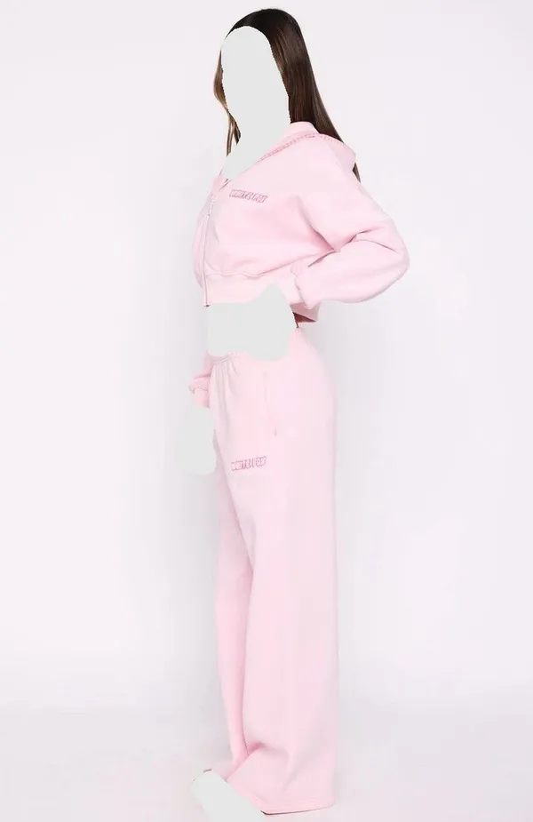 White Fox Boutique Posy Pink Wide Leg Pants And Crop Hoodie Set M/L New - Image 3
