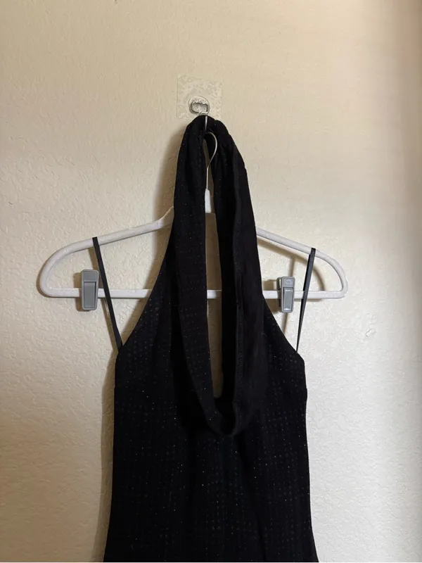 Vintage Y2K Glitter Halter neck waterfall neck midi dress sz 4 black open back - Image 2