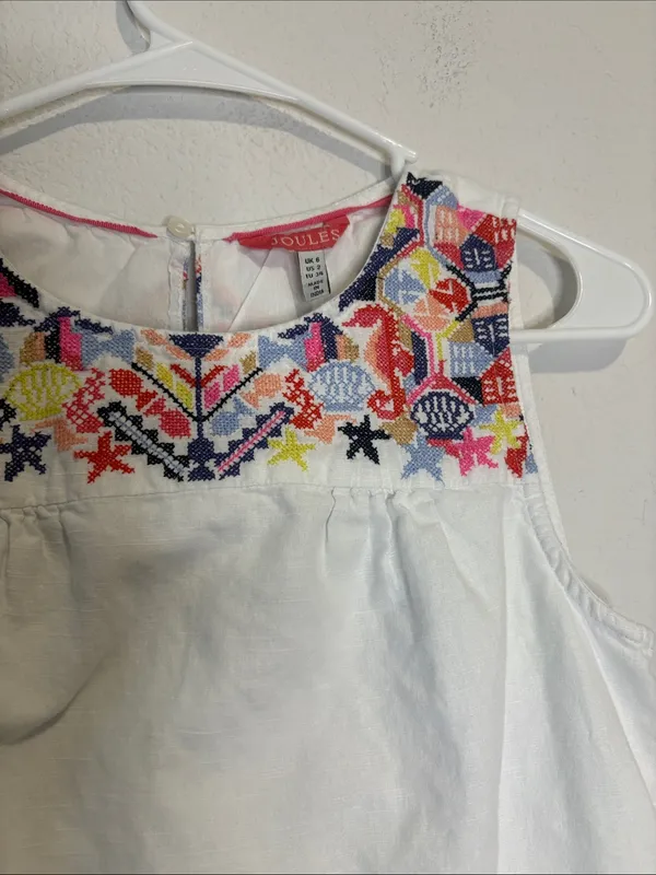 Joules White Sleeveless Dress with Multicolor Embroidered Yoke linen/cotton - Image 3