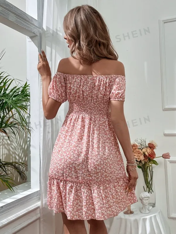 Ditsy Floral Off Shoulder Tie Front Ruffle Hem Dress - Image 2
